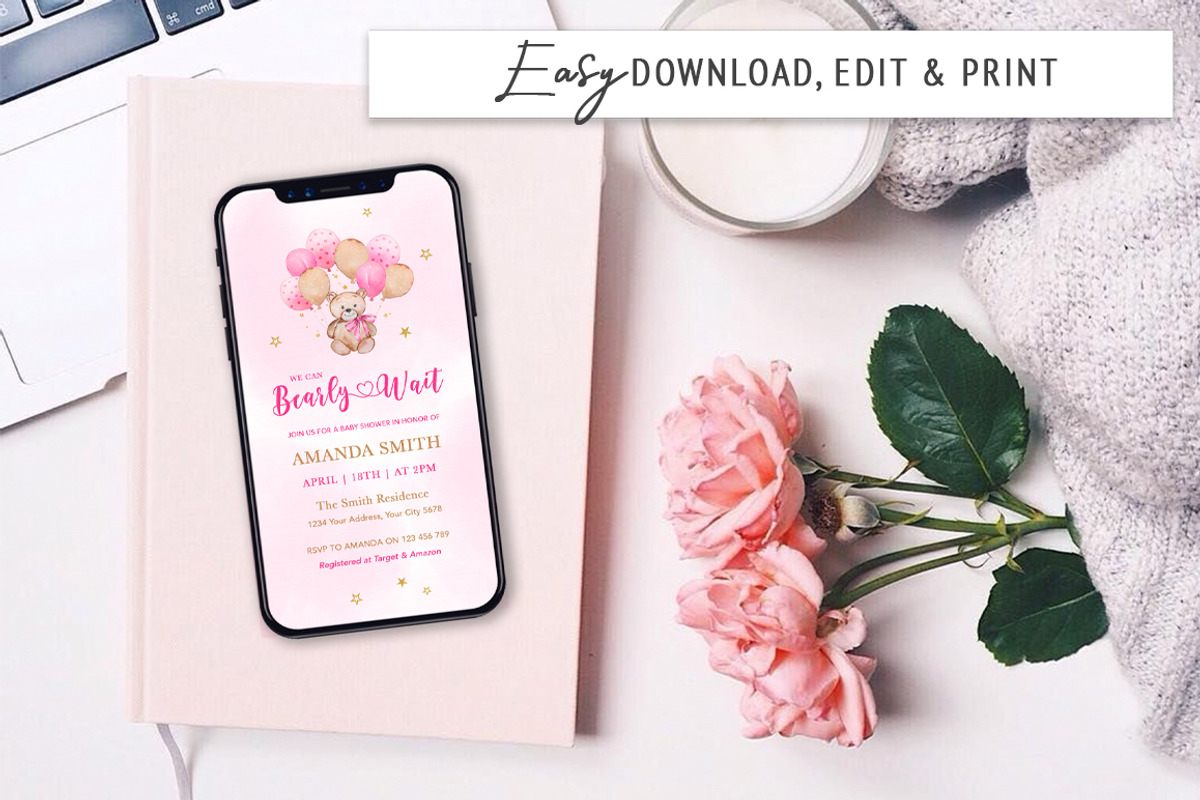 We can Bearly Wait Pink Baby Shower, an Invitation Template by SvetaArtStore (Photo 2 of 6)