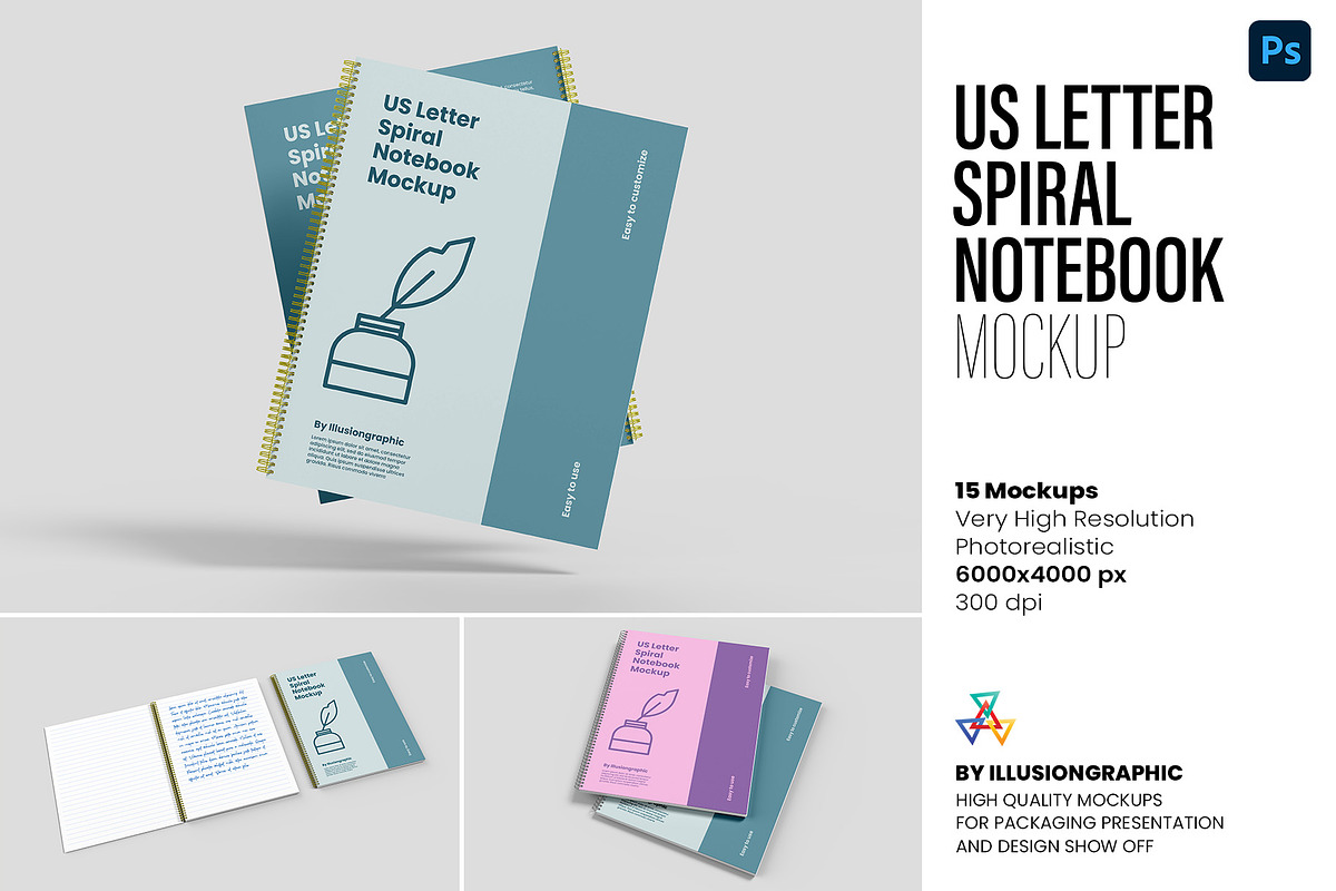US Letter Spiral Notebook Mockup, a Books & Magazine Mockup by Illusiongraphic (Photo 1 of 32)