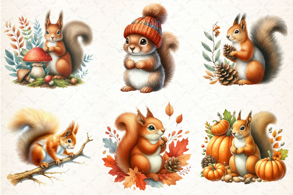 Watercolor Autumn Squirrel Clipart, an Illustration by DreamCafeArt (Photo 3 of 9)