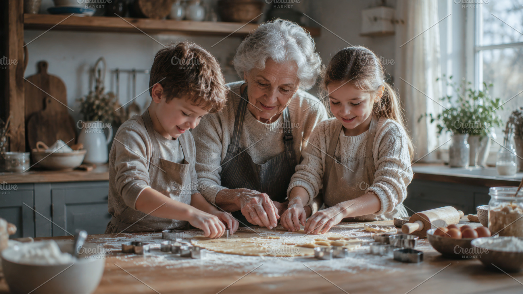 Kids bake cookies with grandmother, a Photo by Beautiful things