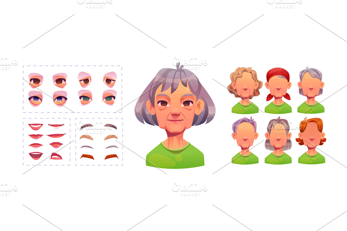 Old woman face constructor set on, a Person Illustration by art PVP - market