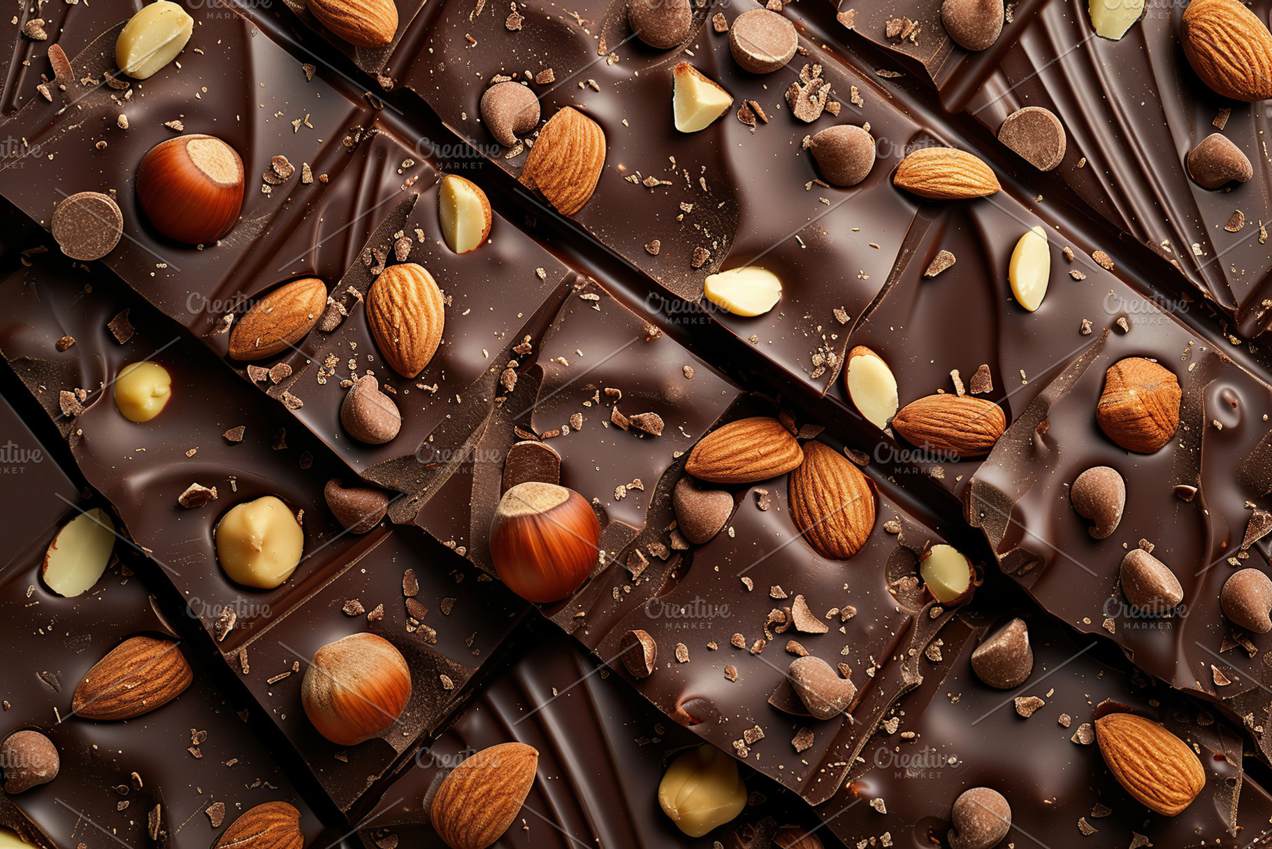 Background of sweet chocolate pieces with hazelnuts and almonds, a Food & Drink Photo by AlyaAnd