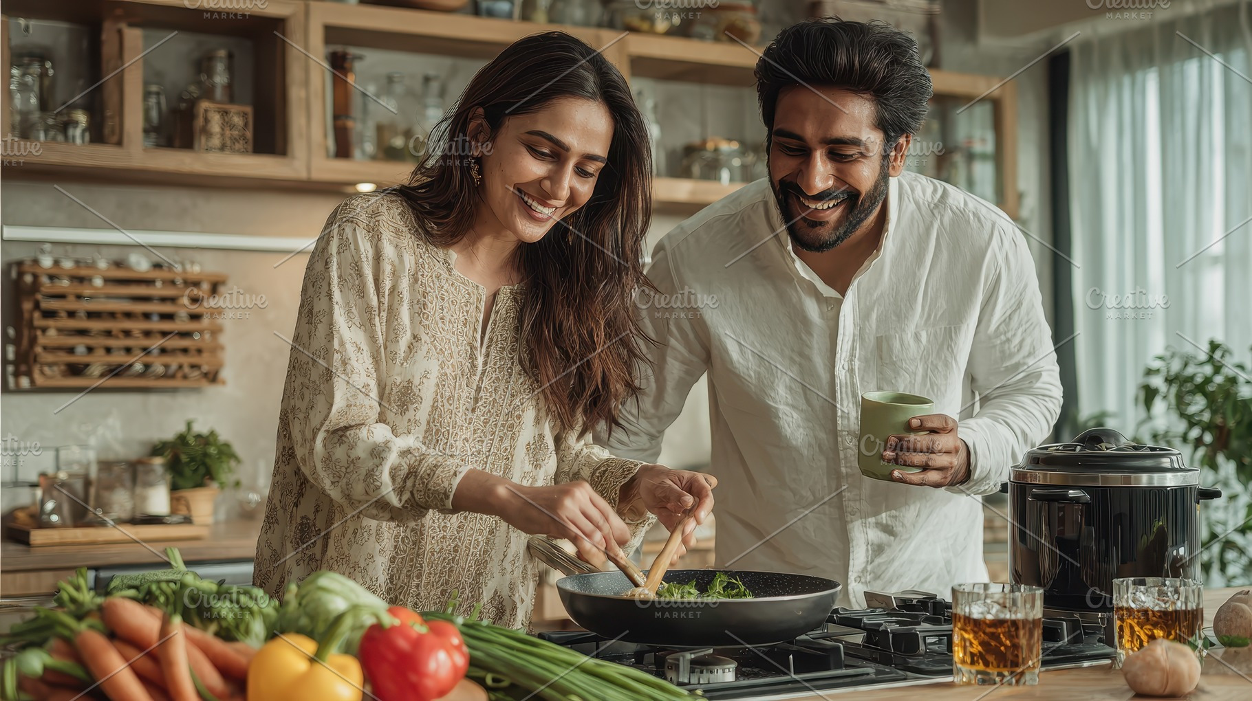 Happy couple cooking together in a m, a Photo by Pixeness Studio