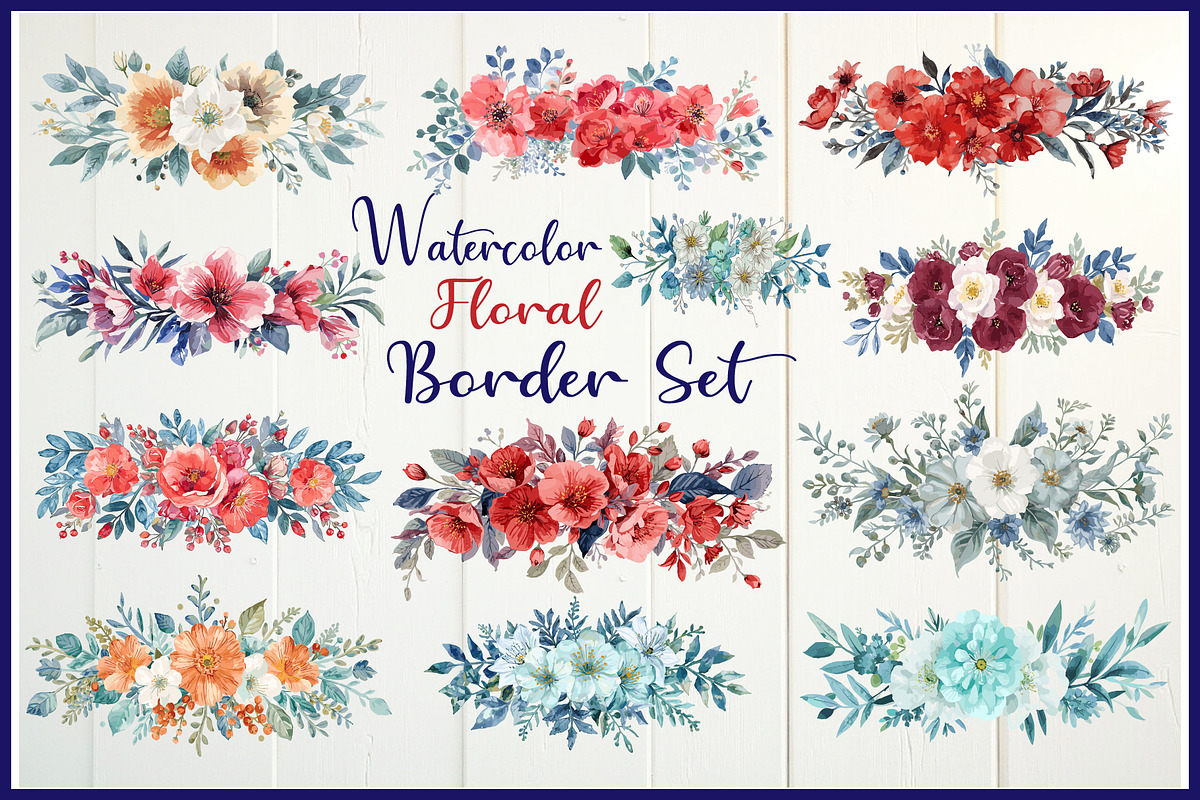 Elegant Watercolor Floral Border Set, an Object Graphic by Designs_River (Photo 1 of 13)