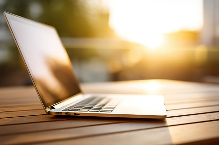 Silver laptop resting on a wooden table during a warm sunset, a Technology Photo by AlyaAnd