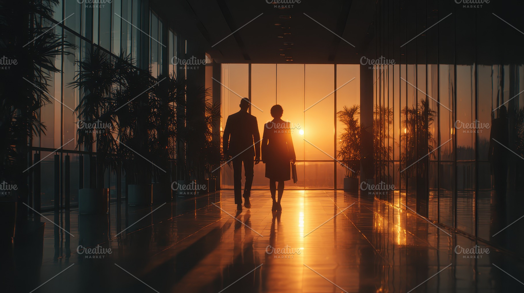 Business silhouettes walking sunset, a Photo by Pixeness Studio