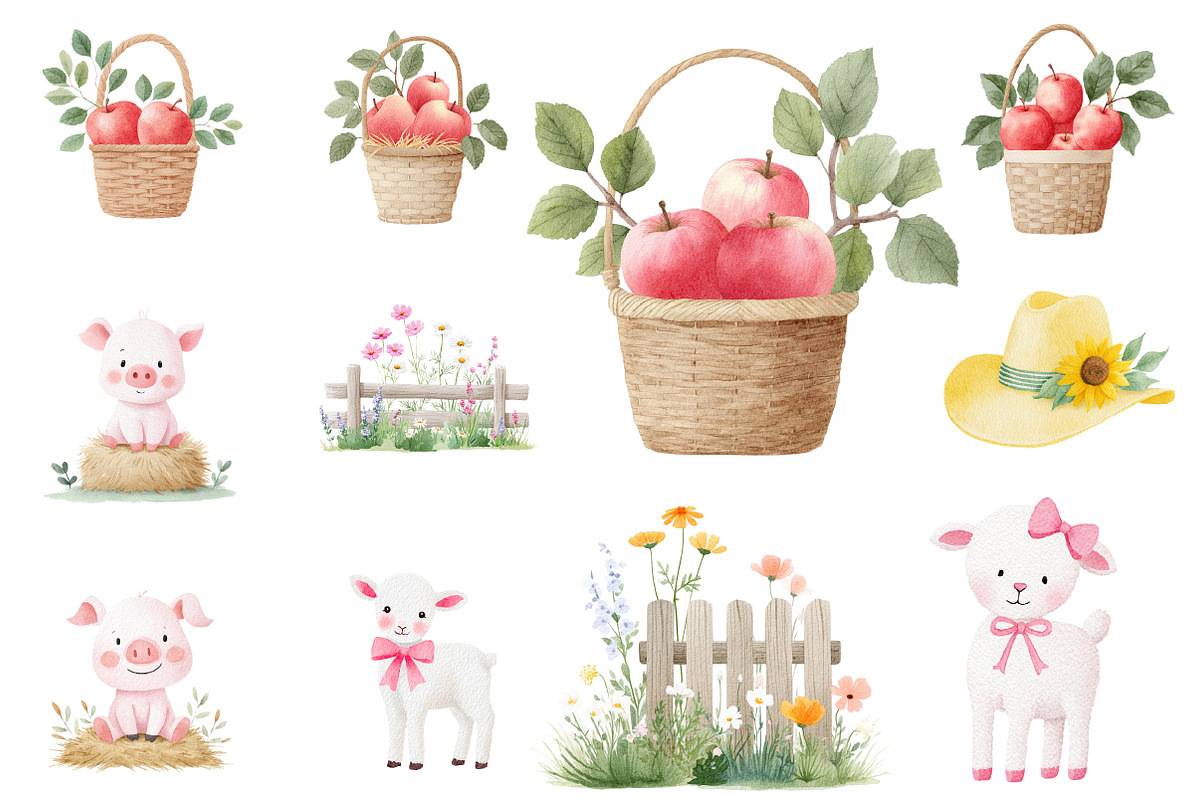 Watercolor cute farm clipart, an Illustration by Designworld (Photo 3 of 5)
