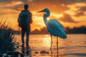 A silhouette of a ornithologist person standing by a river at sunset, with a wh, a Person Photo by Textures & Backgrounds