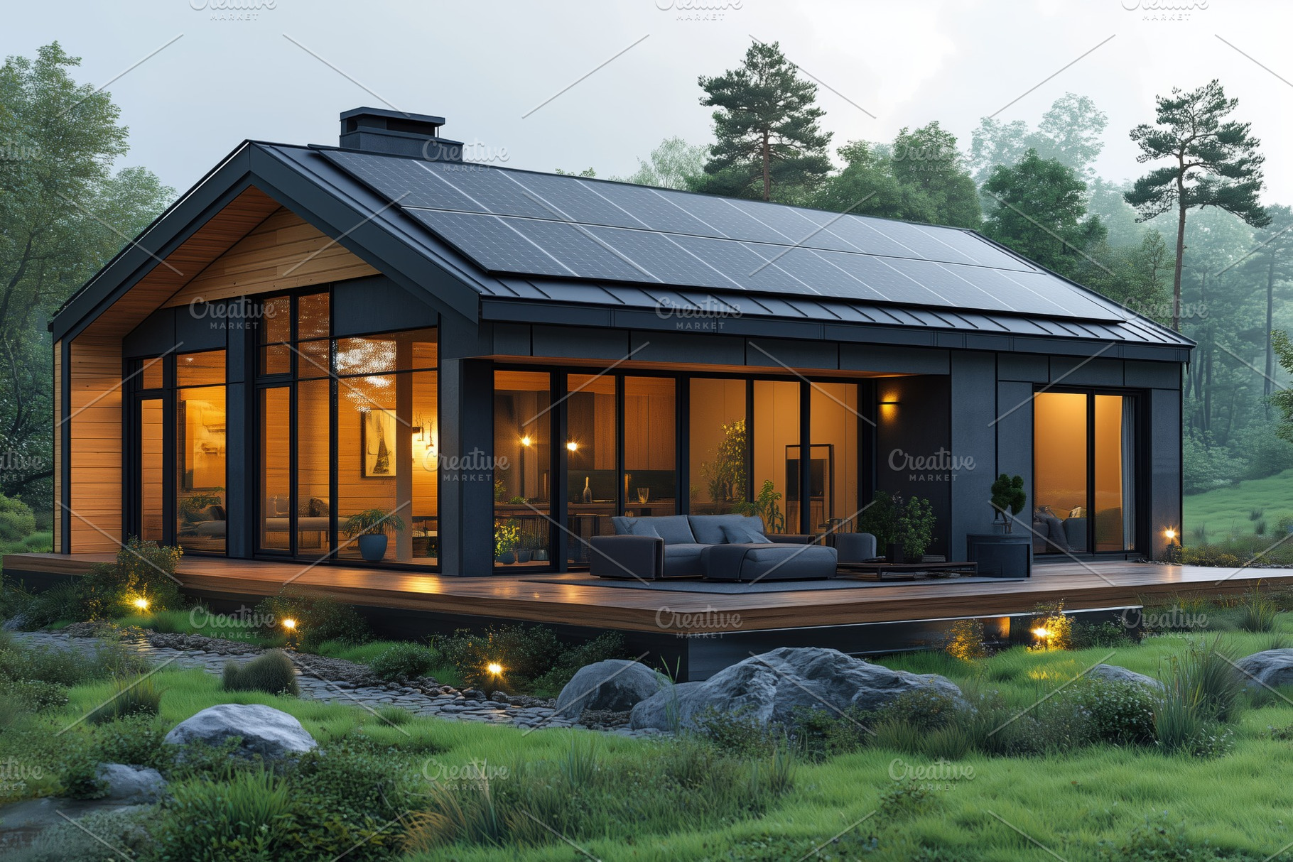 A modern house with solar panels on the roof, surrounded by greenery. The house, an Industrial Photo by Textures & Backgrounds