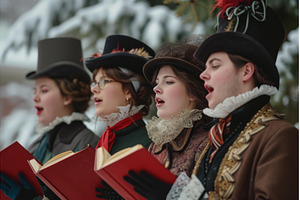 Victorian carolers singing outdoors, a Holiday Photo by Ylivdesign