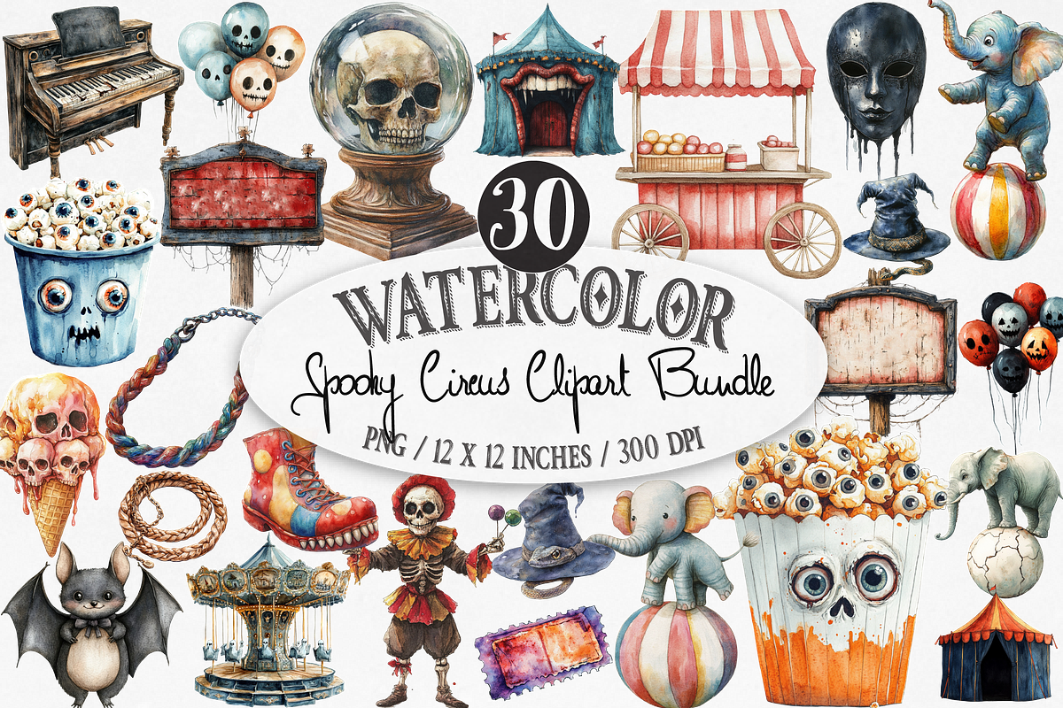 Watercolor Spooky Circus Clipart, an Illustration by Designking (Photo 1 of 4)