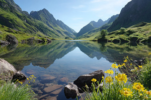 Serene alpine lake reflects green hills and mountains on a clear sunny day, a Nature Photo by AlyaAnd