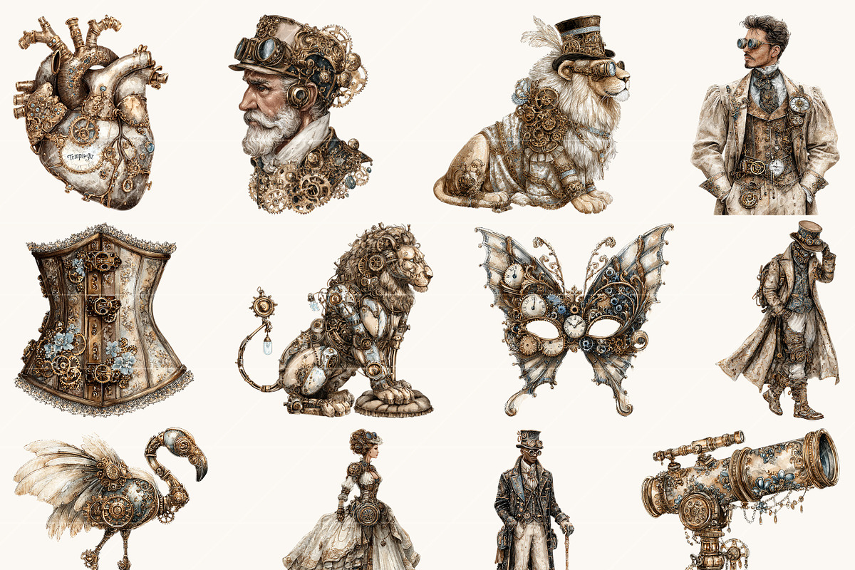 Watercolor Steampunk Clipart Bundle, an Object Illustration by ...