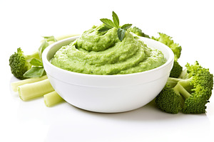 Bowl with green vegetable puree isolated on white background, a Food & Drink Photo by AlyaAnd
