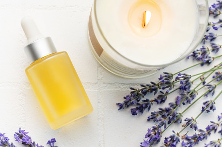 Lavender spa. Lavender  natural essential oil, aromatic candle a, a Beauty & Fashion Photo by Olena Rudo