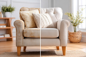 Comparing two styles of upholstered armchairs in a bright living room setting, a Photo by AlyaAnd