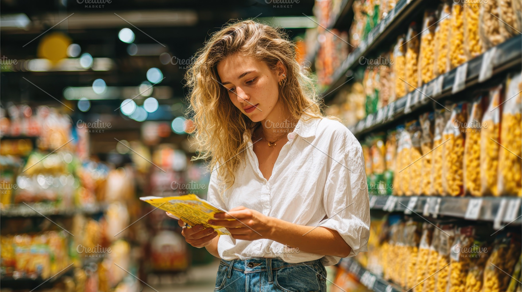 Woman reading food package label at, a Photo by Pixeness Studio
