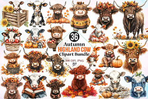 Autumn Highland Cow Clipart Bundle, a Seasonal Illustration by Canvas Craft