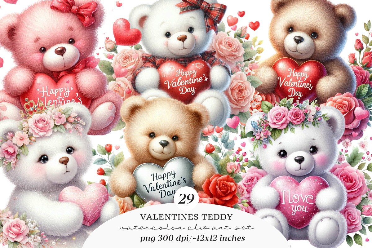 Watercolor Valentines Teddy Bear PNG, an Illustration by SinaCreation (Photo 1 of 11)