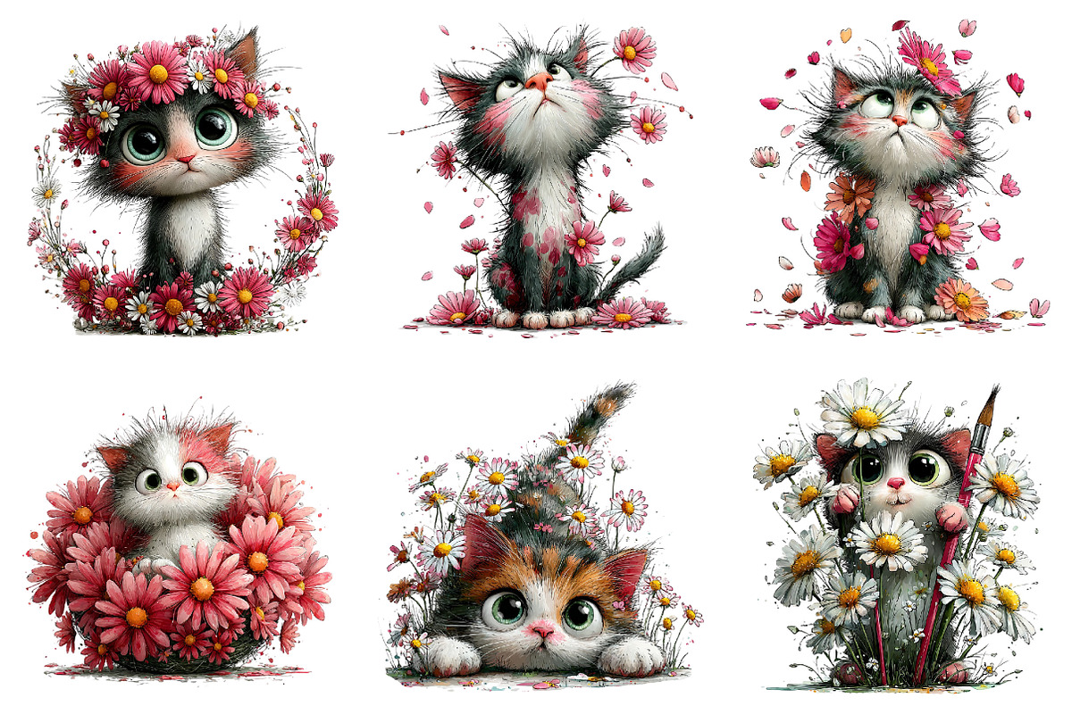 Whimsical Daisy Flowers Cat Clipart, an Illustration by Dream Creation (Photo 4 of 8)