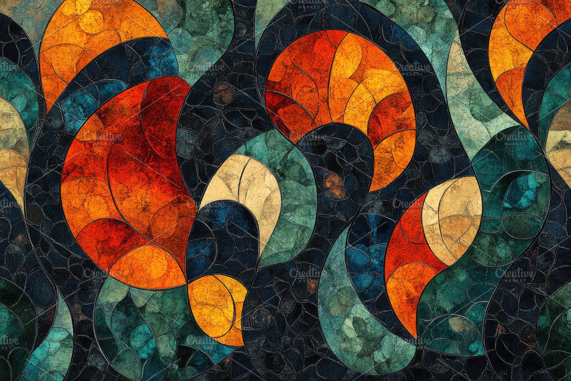 Abstract mosaic art orange red teal, an Abstract Photo by Pixeness Studio