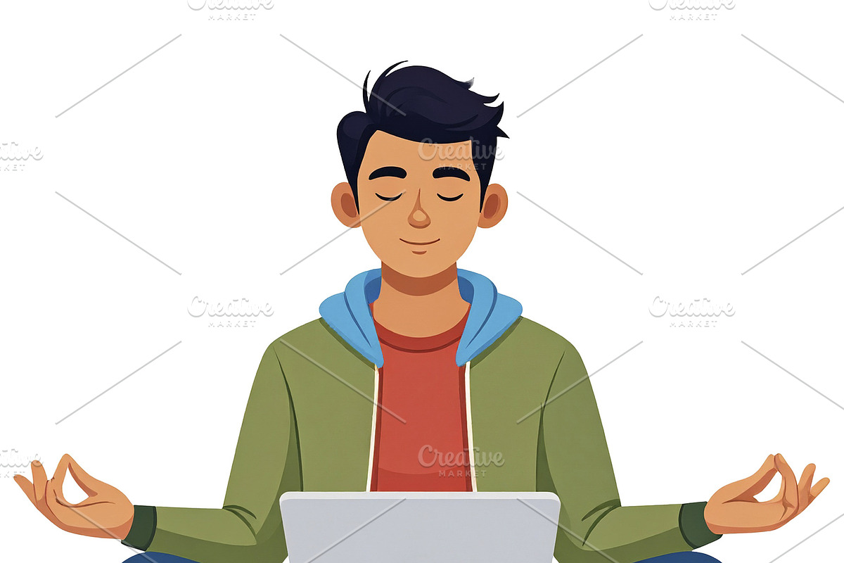 Student on loto position with laptop on legs isolated illustrati, a Person Illustration by DanFLCreativo