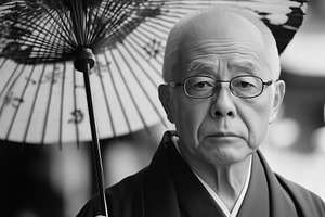 Japanologist. A solemn elderly man holding a traditional Japanese umbrella, dre, a Person Photo by Textures & Backgrounds