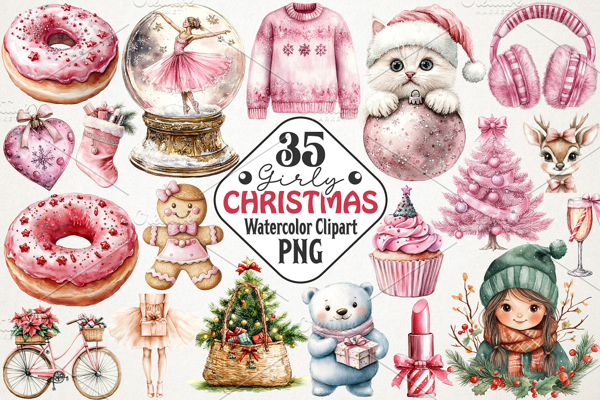 Girly Christmas Watercolor Clipart, an Illustration by RobertsArt (Photo 1 of 7)