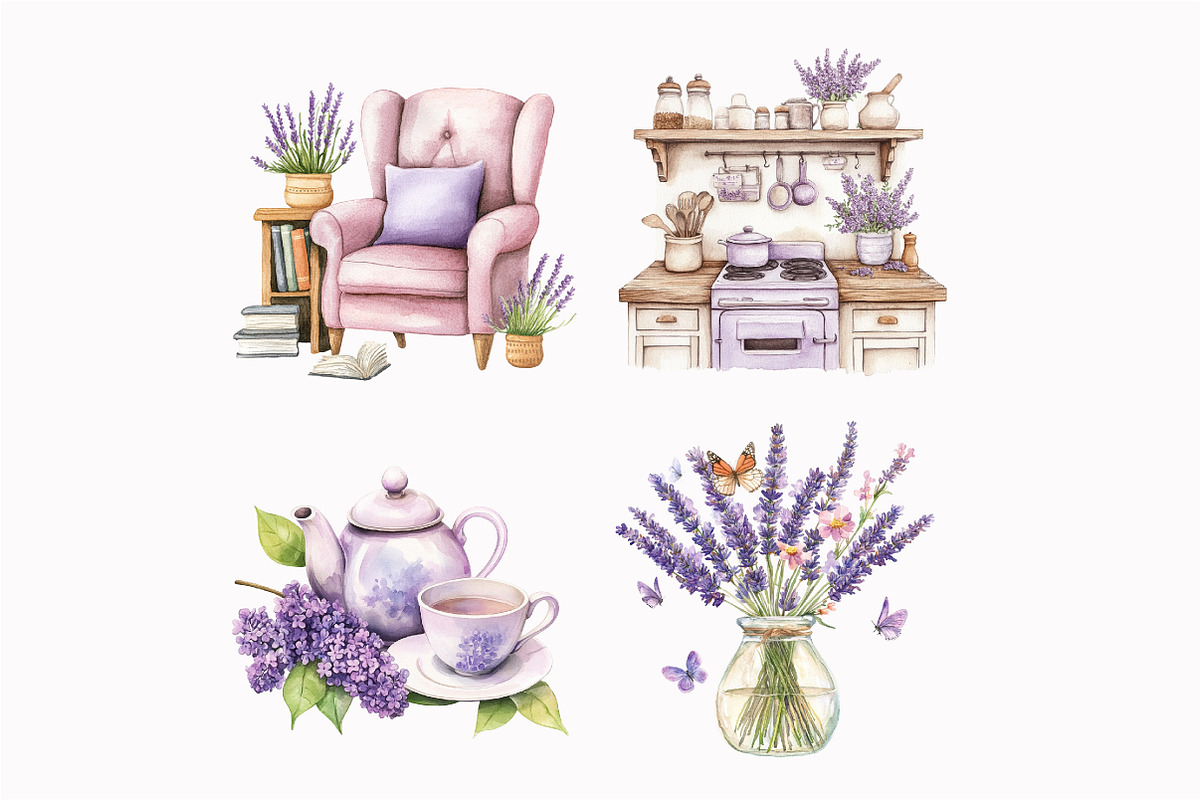 Watercolor Lilac Cottage Life Items, an Illustration by Design Market (Photo 4 of 4)