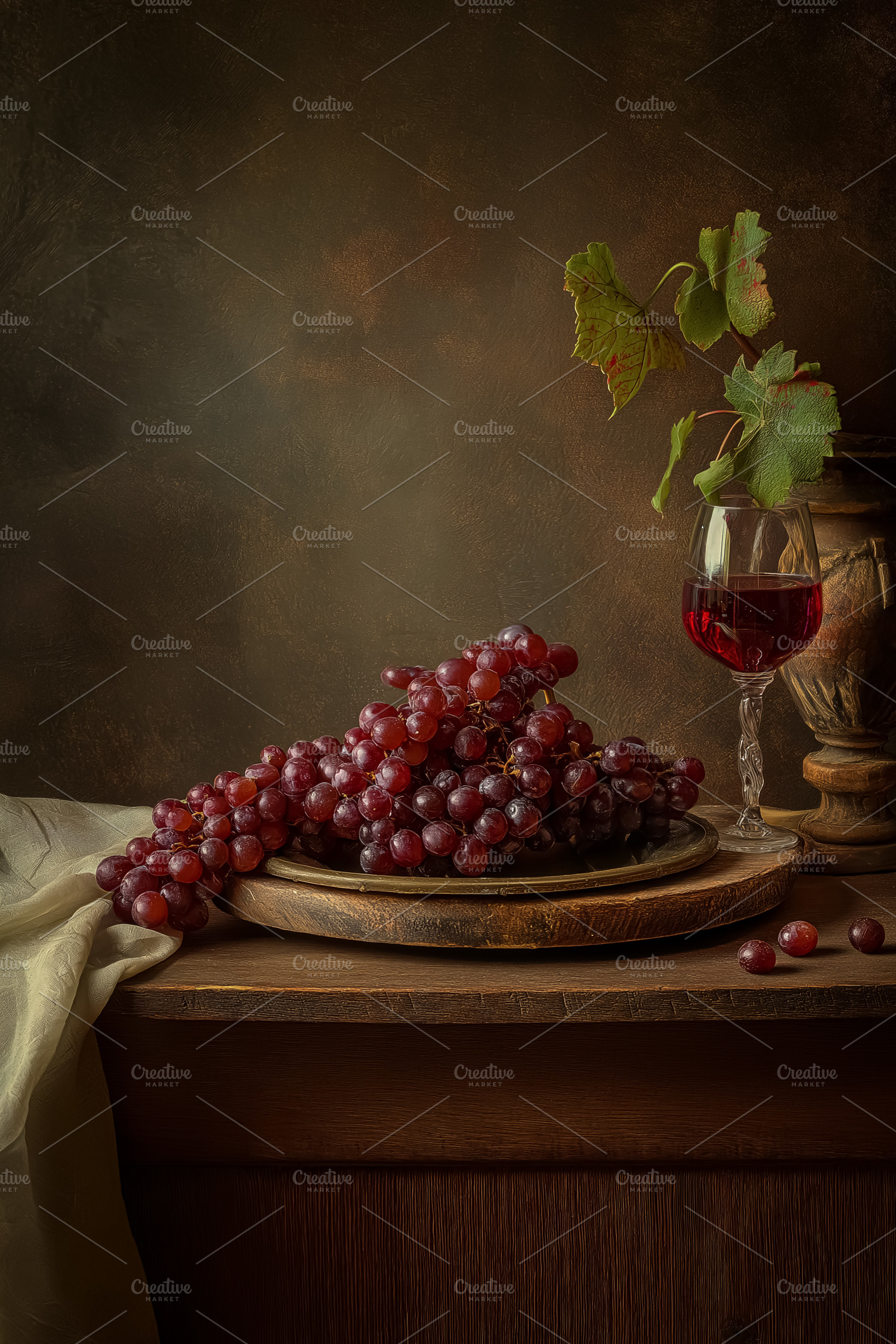 Still life composition with red grapes, a glass of red wine, and vine leaves in, a Food & Drink Photo by Studio ANNA
