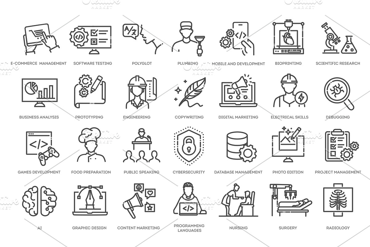 Hard skills line icon set, an Outline Icon by Tettygreen (Photo 2 of 2)