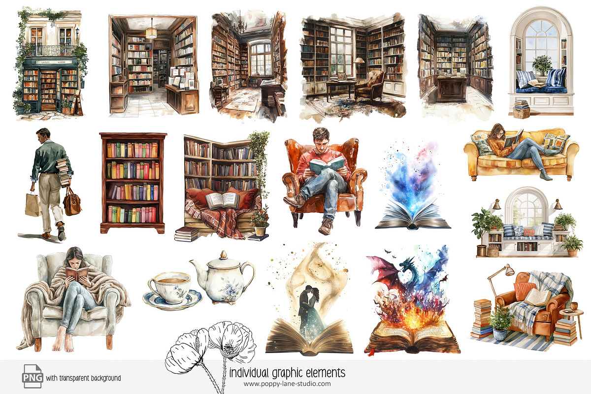 105 book lover clip art, an Object Illustration by Poppy Lane Studio (Photo 6 of 12)