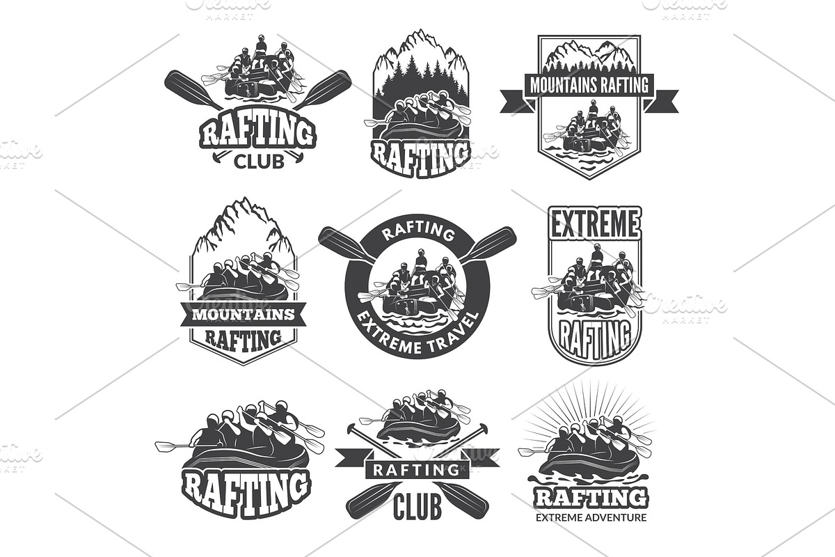 Vintage monochrome labels for dangerous water sports. Symbols of rafting. Pictures of kayak, a Background Graphic by Onyx
