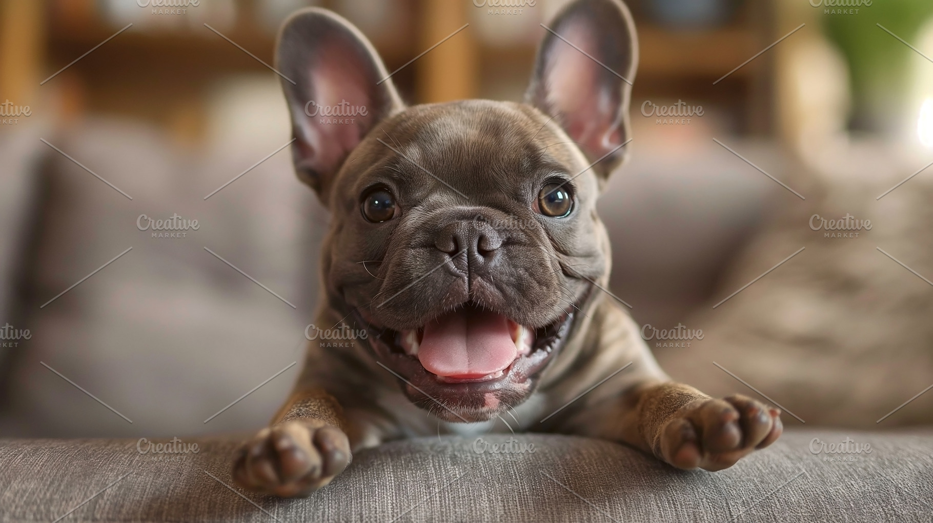 An adorable brown French Bulldog puppy with a big smile relaxing on a cozy couc, an Animal Photo by ImageMir