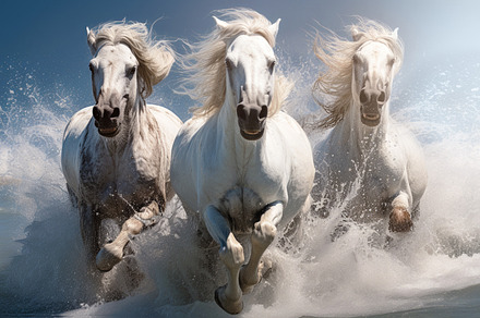 White horses galloping in the water, an Animal Photo by Perpis