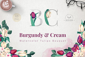 Burgundy and Cream Watercolor Tulips