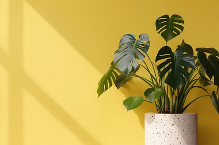 Illustrative of monstera tree in pot on yellow background. Generative AI, a Nature Photo by AlyaAnd