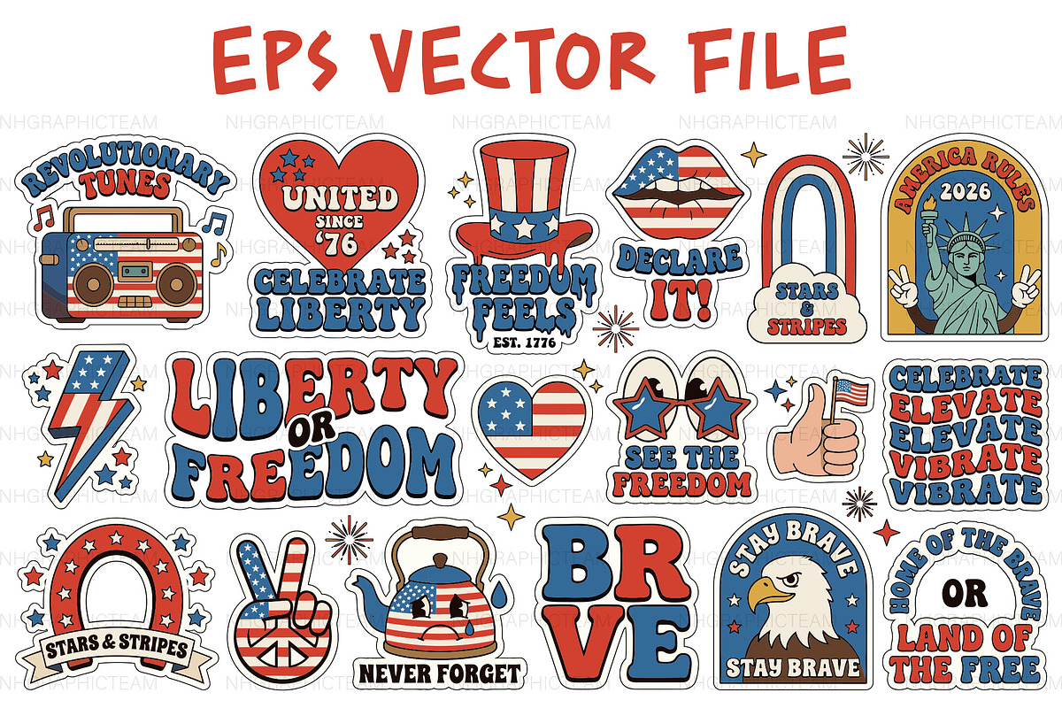 Retro 4th Of July Sticker Bundle, an Object Graphic by NH graphic (Photo 1 of 3)
