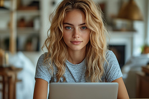 Beautiful woman remotely working on laptop computer, a Person Photo by AlyaAnd