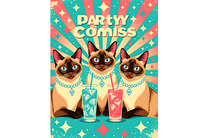 Siamese Retro Party Cats, an Animal Illustration by Sharon Schwalbe