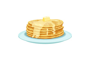 Stack Of Pancakes On Light Blue Plate Isolated Illustration