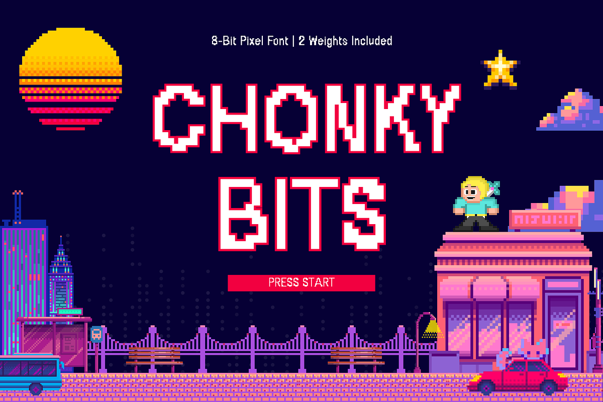 Chonky Bits – A Pixel Font, a Sans Serif Font by Creativetacos (Photo 1 of 9)