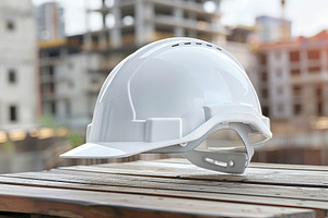 Safety helmet on sunshine and blurred construction background, an Industrial Photo by AlyaAnd