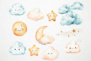 Watercolor moon stars & clouds, PNG, an Object Illustration by PixelJungle (Thumbnail 3 of 4)