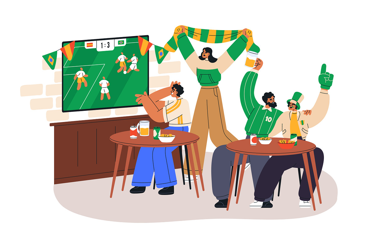 Sports fans watch soccer game on TV, a Sport Illustration by Good Studio (Photo 3 of 7)