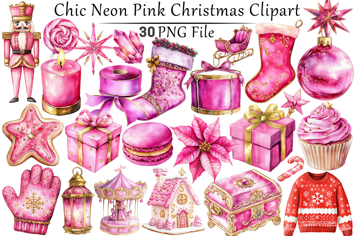 Chic Neon Pink Christmas Clipart, a Seasonal Illustration by CitraGraphics (Photo 1 of 7)