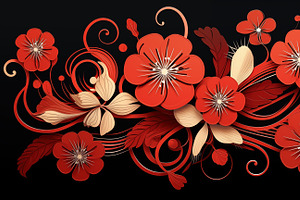 A Vibrant Floral Art Deco Design Featuring Red And Cream Flowers With Intricate