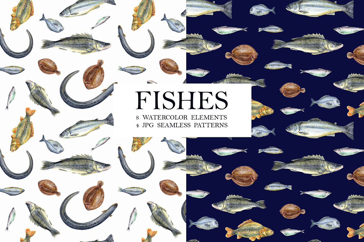 Watercolor FISHES, a Pattern Graphic by JennyColorArt (Photo 1 of 7)