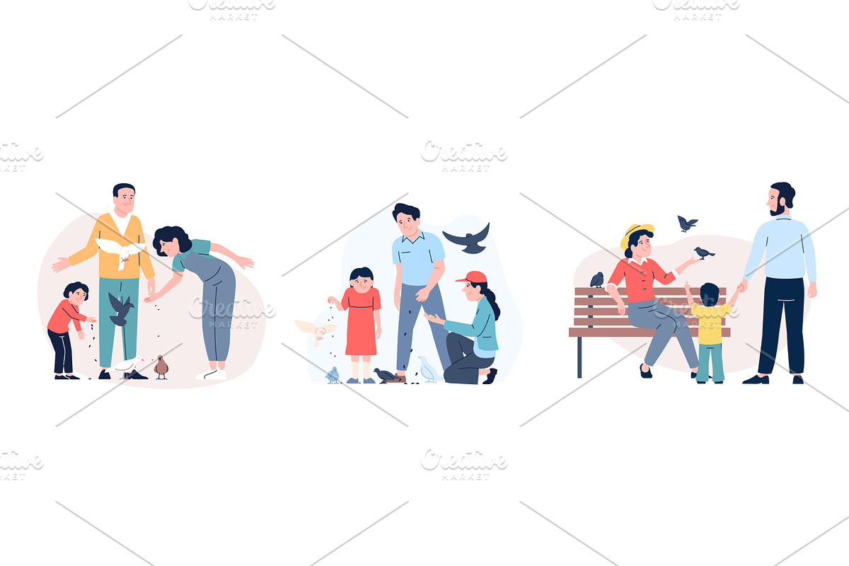 Family feeding birds. Mother father, a Person Illustration by LadadikArt