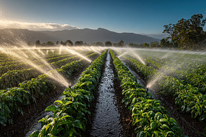 Sprinklers water lush green crop row, a Photo by Pavel_design